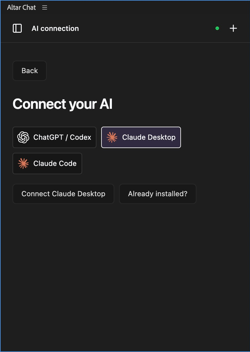 The Connect your AI screen in Altar Chat with Claude Desktop selected and the Connect Claude Desktop button.