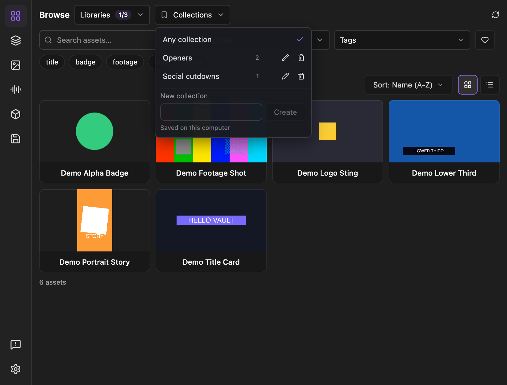 The Collections menu open over Browse, listing Any collection, Openers with 2 assets, Social cutdowns with 1 asset, and a New collection field.