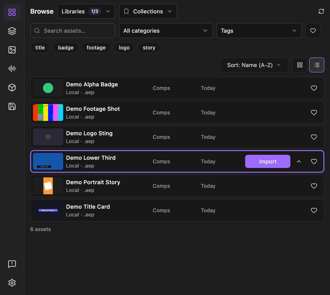 Browse in list view with six rows showing thumbnail, name, library, category and when each was added, with one row selected and its Import button revealed.