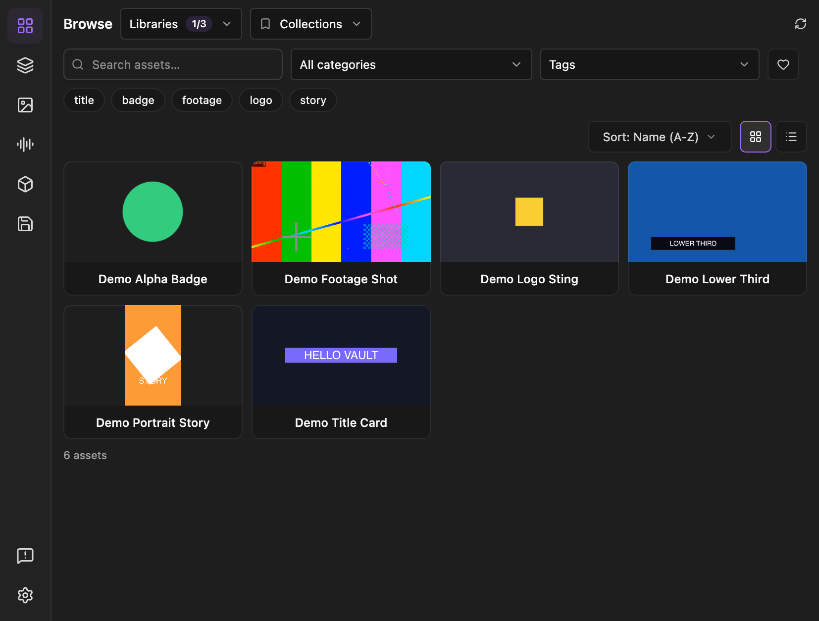 Altar Vault Browse page in grid view showing six demo assets, with the rail on the left and the search, category, tag and favourites filters above.