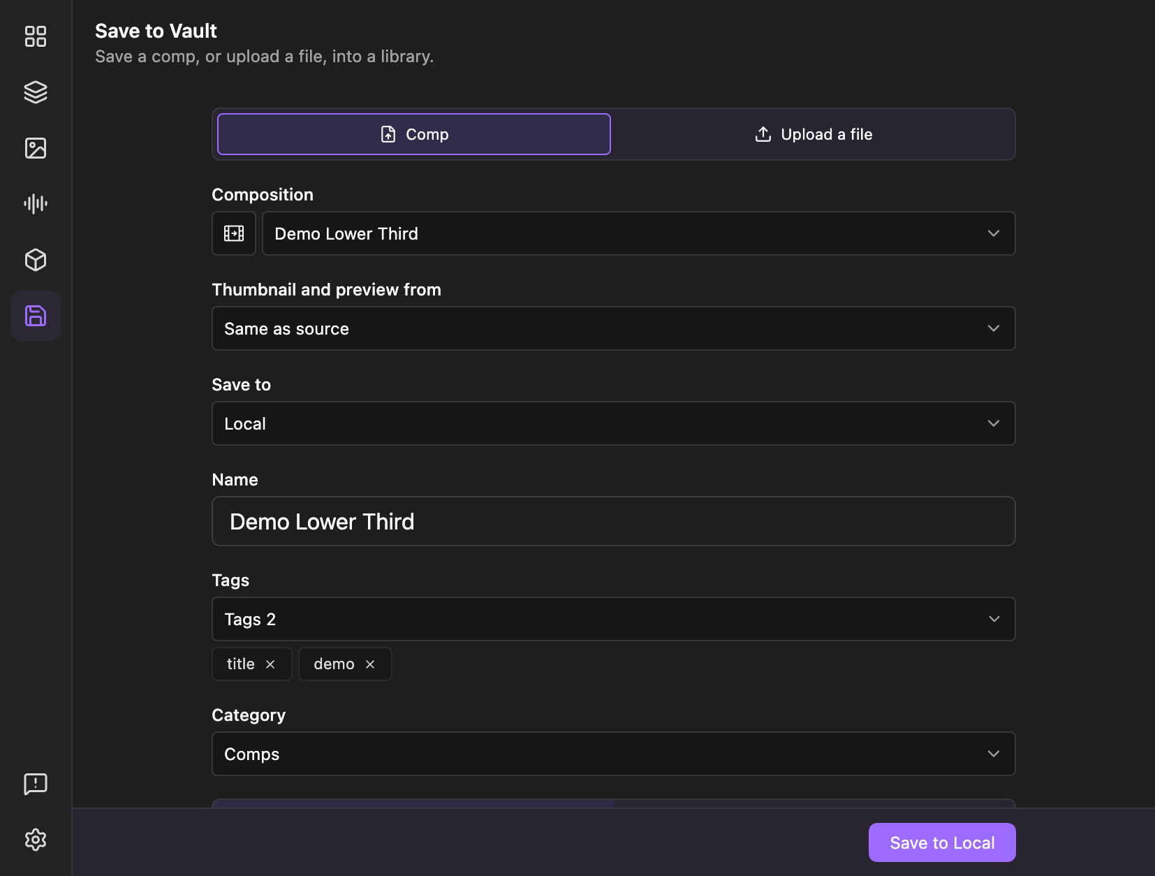 The Save page with Comp selected, the composition Demo Lower Third, Save to Local, two tags and the Comps category.